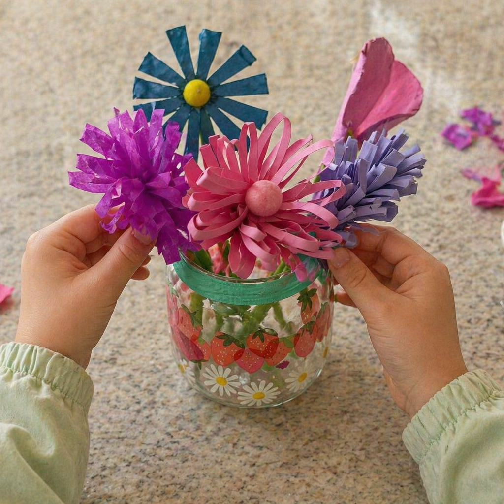 Manualidad infantil de flores de papel y florero decorado en taller Día de la Madre