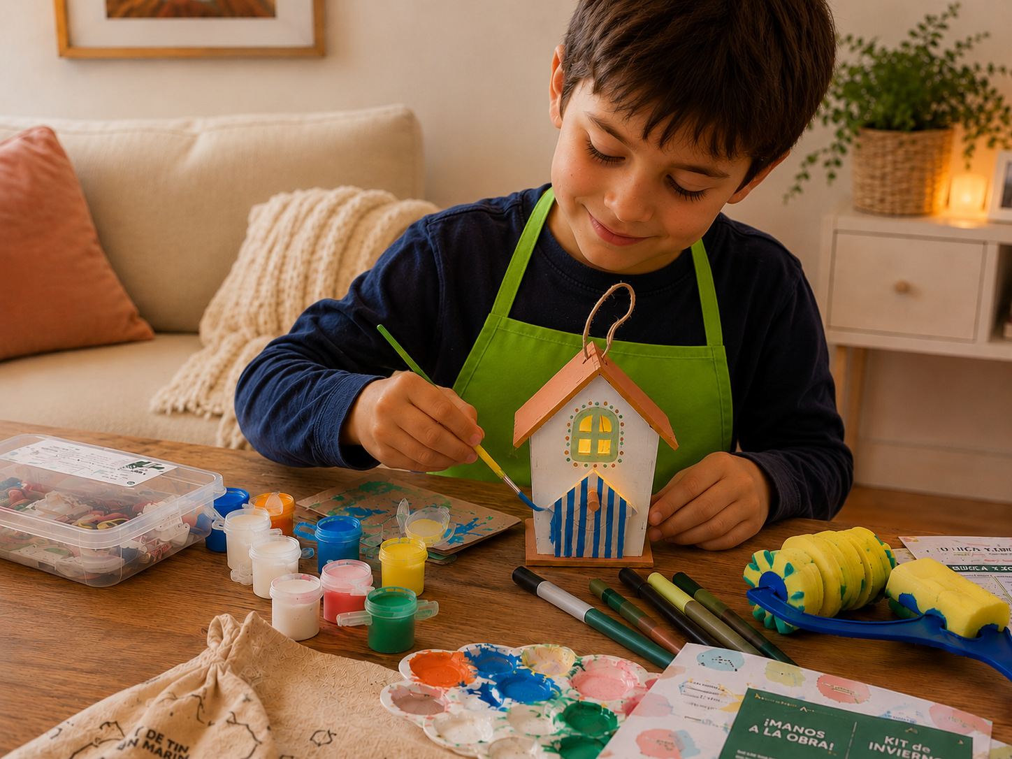 niño pintando y disfrutando de las manualidades en sus vacaciones de invierno