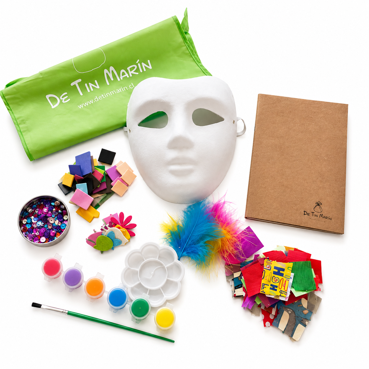 Kit para decorar máscara para niños con pinturas, plumas, papeles y accesorios creativos De Tin Marín