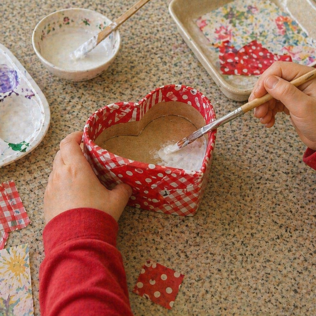 Manos de niño decorando una cajita de corazón con decopatch en taller creativo de De Tin Marín para Día de la Madre