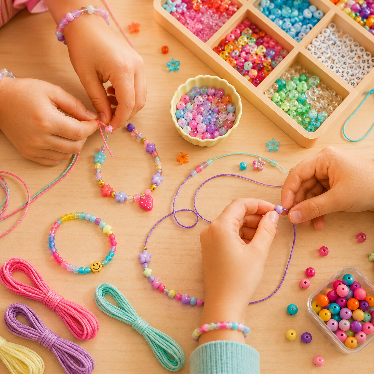 manos de ninos creando collares y pulseras