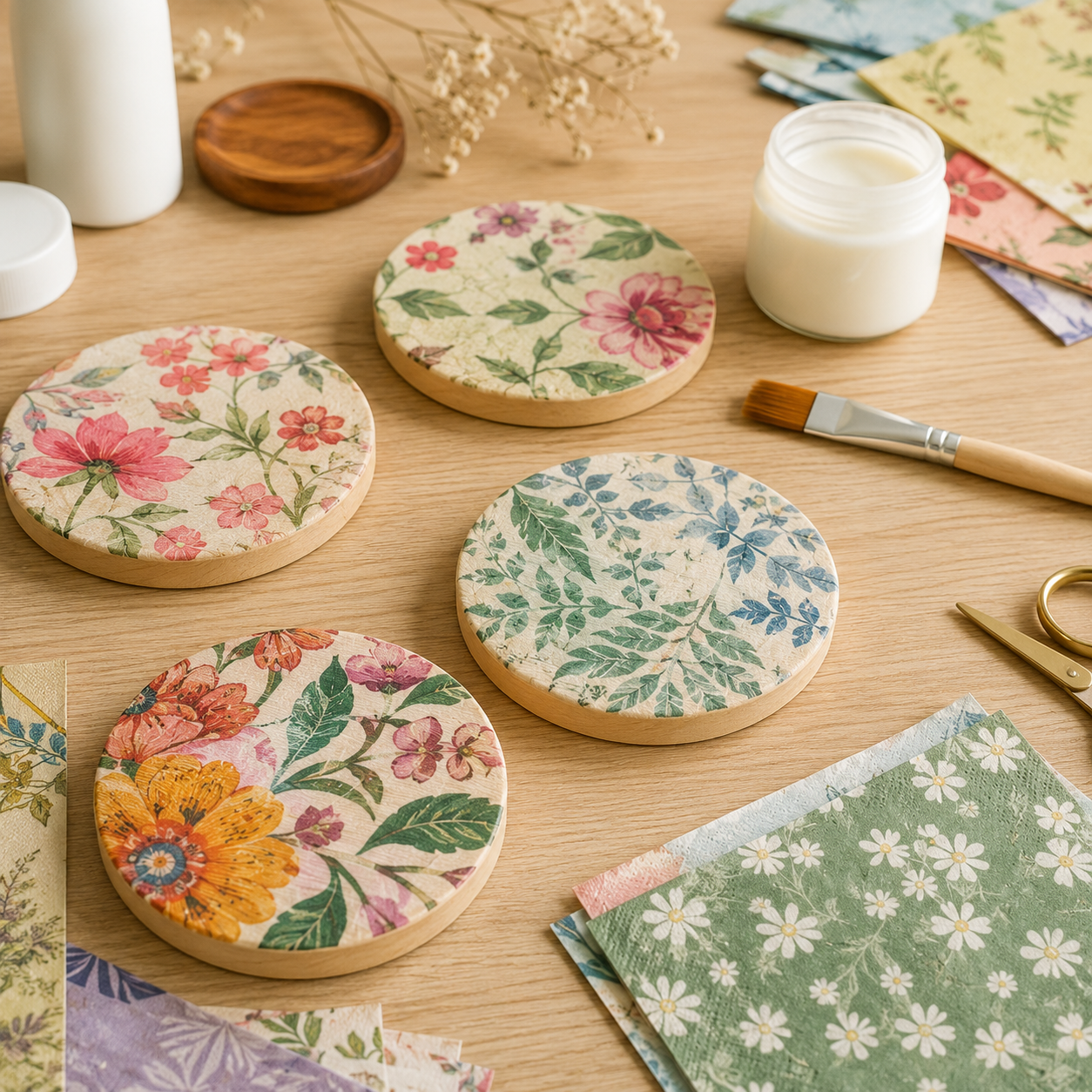 posavasos de madera intervenidos con tecnica de decoupage