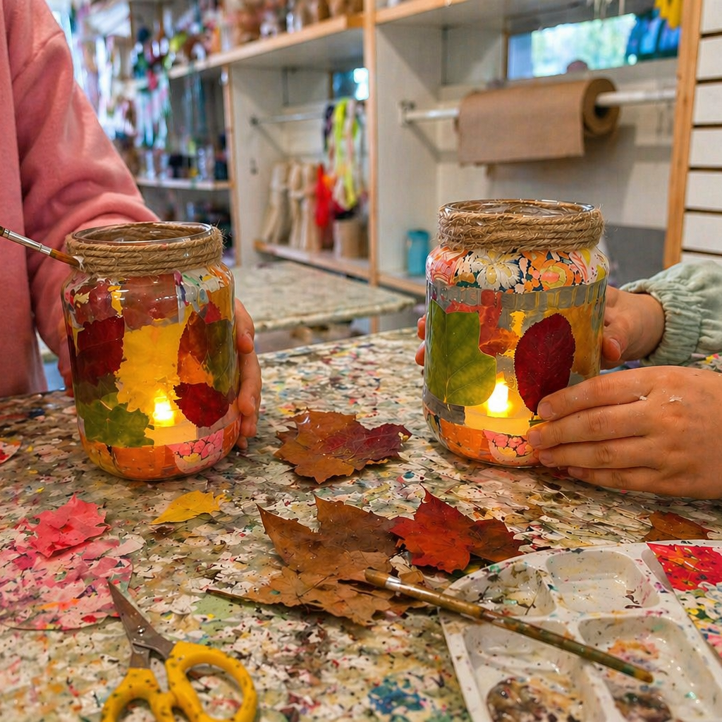 Niños creando lámparas con hojas de otoño en taller creativo infantil de De Tin Marín